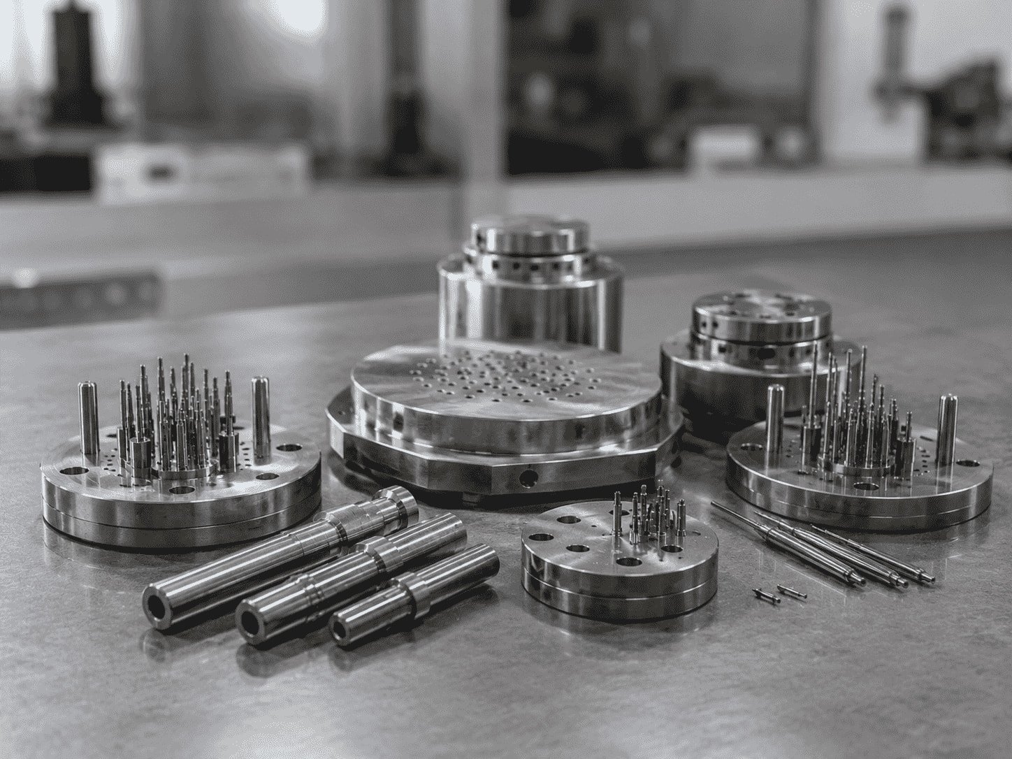 Precision mold core with plastic samples and CMM report on inspection table