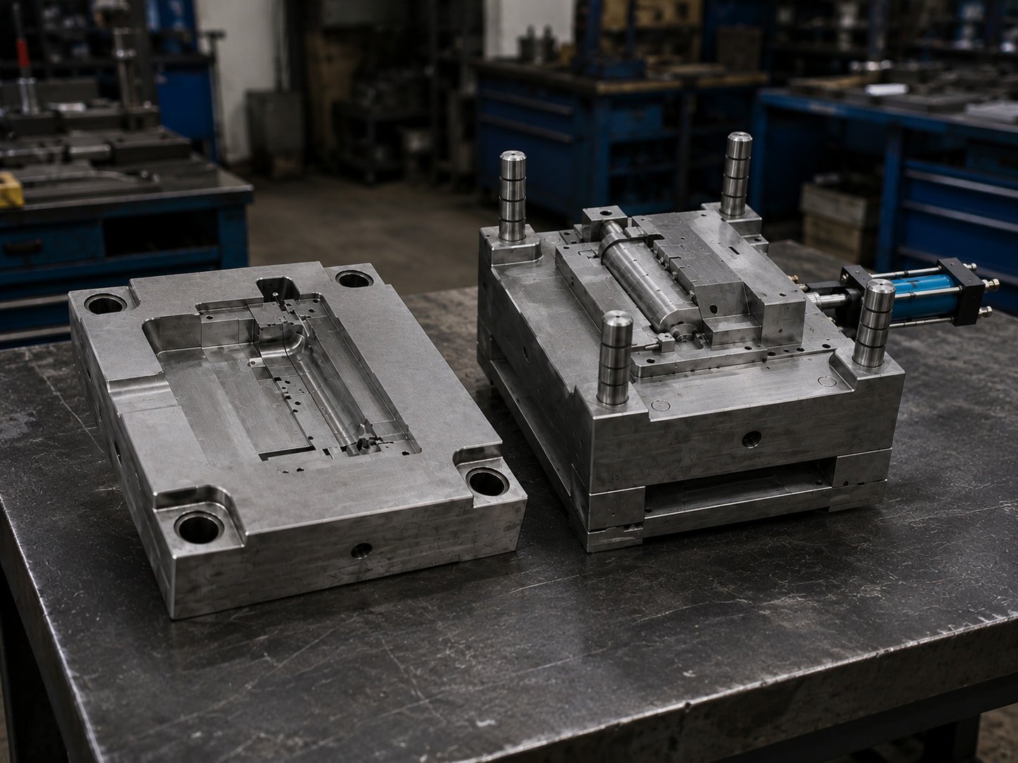 Real CMM inspection room with mold core, plastic samples and blurred CMM report