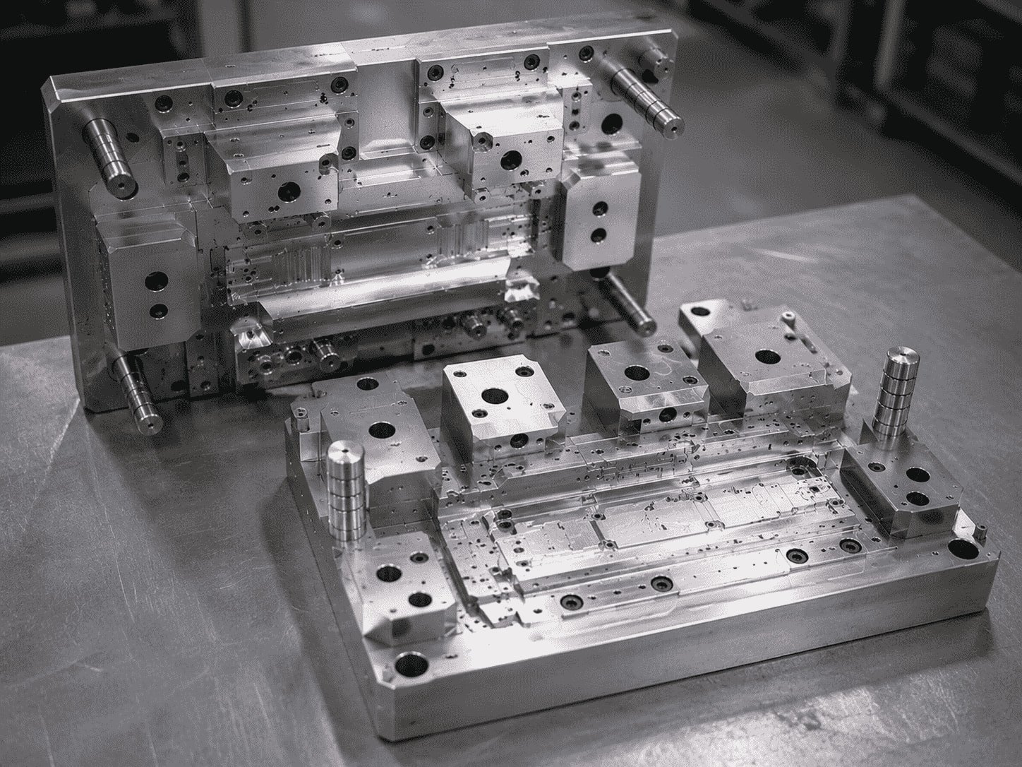 Engineering review desk with mold drawings, CAD screen, plastic parts and CMM report