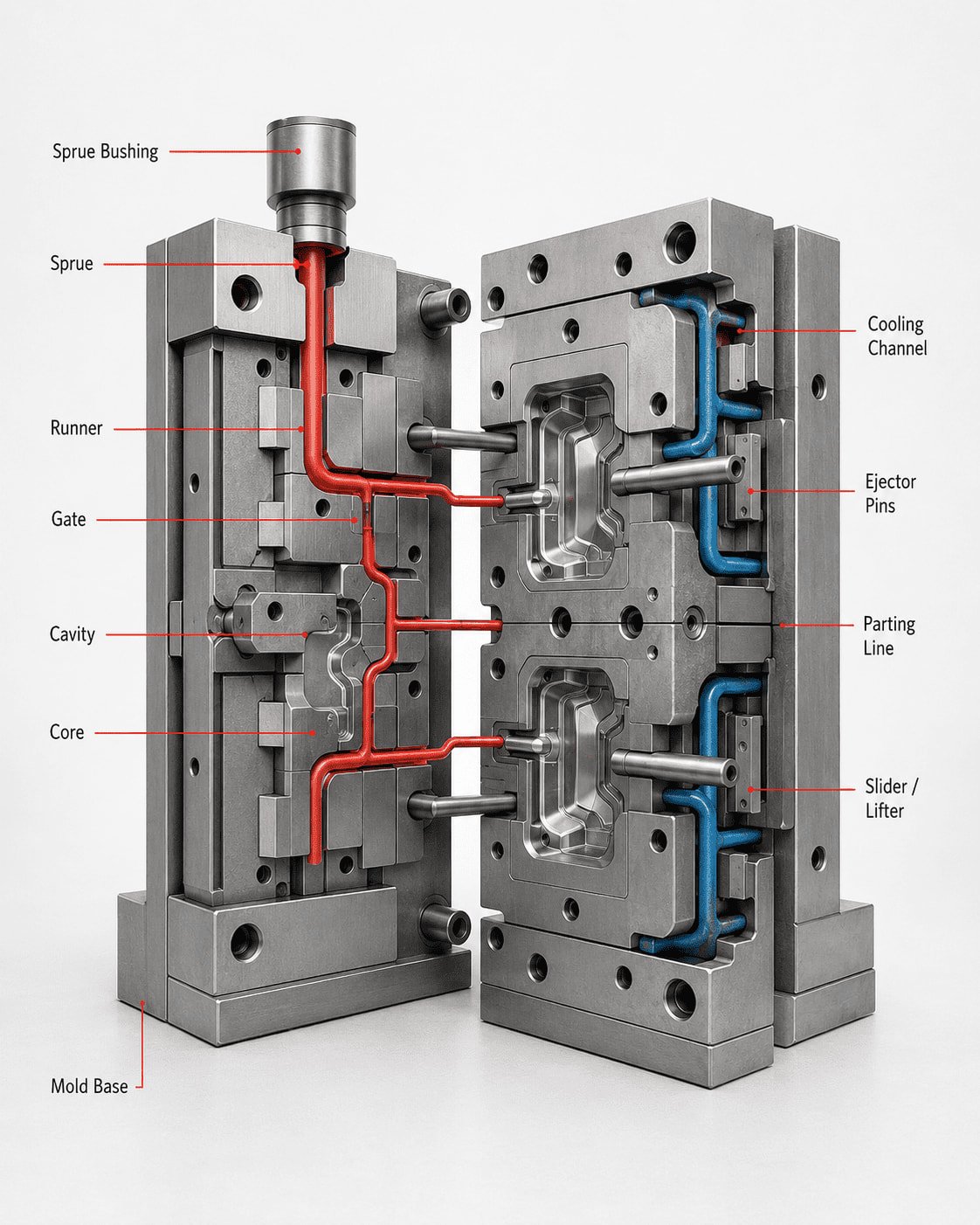 Labeled cold runner mold anatomy diagram showing Sprue Bushing, Sprue, Runner, Gate, Cavity, Cooling Channel, Ejector Pin, Parting Line, Slider, Mold Base