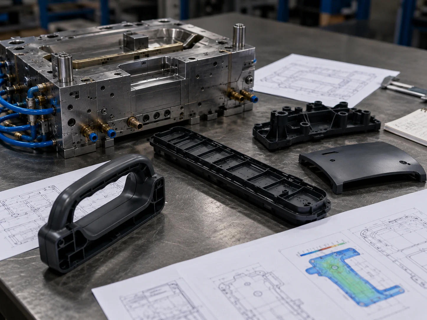 Open mold, thick-wall handle sample, cut hollow section, and caliper in factory
