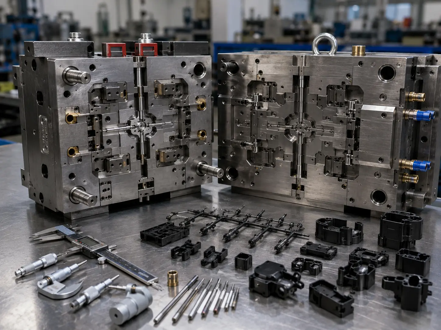 Cold runner mold components showing sprue, runner, gate, cooling channel and ejector system for injection molding tooling
