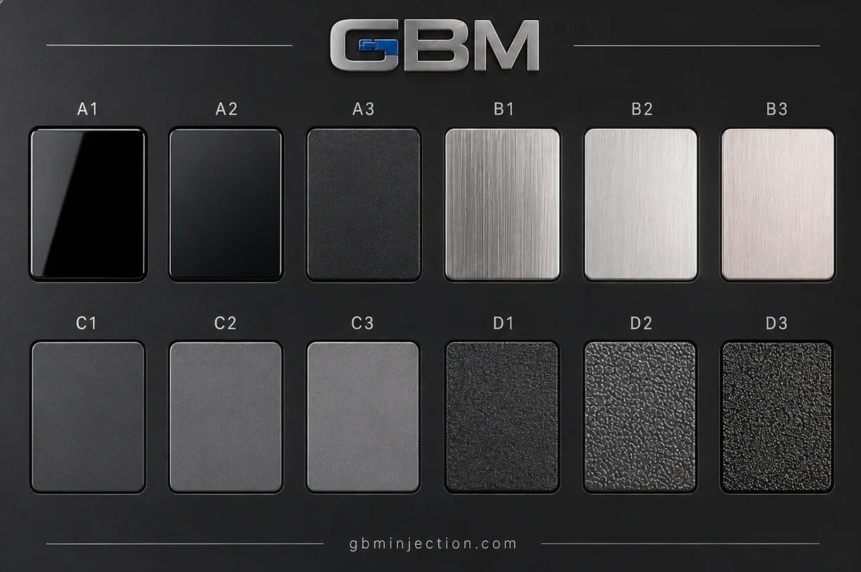 PBT injection molded parts with surface finish samples and mold texture review